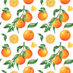 Watercolor seamless pattern orange fruit. Hand drawn botanical illustration, isolated on white background. For wallpaper, textile, wrapping paper.