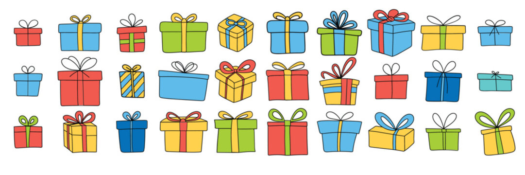 Big collection of doodle gift box colored outline. Hand drawn vector art.