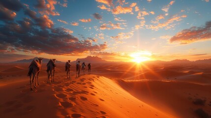   A group of people rides camels on a sandy desert beach as the sun sets - obrazy, fototapety, plakaty