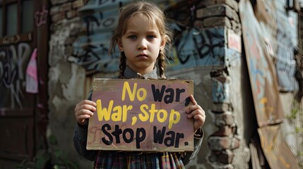 Portrait of a child calls to stop war in Ukraine, raises yellow and blue banner with inscription NO WAR. No war, stop war, Russian aggression. Ukraine flag