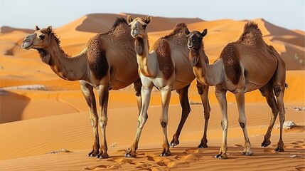   Three camels standing in the desert with sand dunes as the backdrop