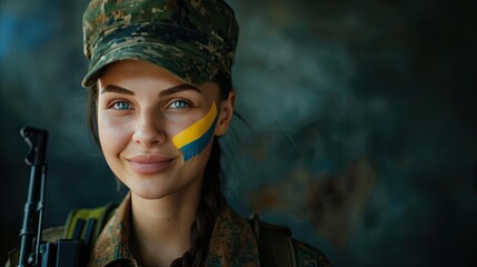Portrait of beautiful girl with yellow and blue Ukrainian flag on her cheek wearing military uniform.