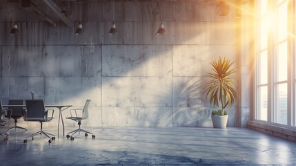 Urban office, simple wall, diffuse sunlight streaming through.