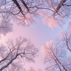 Frosty Tree Crowns - Captivating Winter Scene in Pink Light for Nature Lovers and Photography Enthusiasts