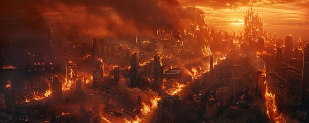 Dramatic apocalyptic cityscape showing a massive urban fire and destruction under a smoky sky. - obrazy, fototapety, plakaty