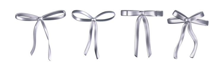 3d chrome liquid bow ribbon in y2k style isolated on a dark background. Render of modern silver aesthetic bow ribbon, vintage girly hair accessory with reflection gradient effect. 3d vector y2k icon