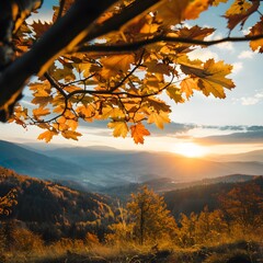 Golden Maple Sunset - Captivating Autumn Panoramic Landscape with Mountain Backdrop