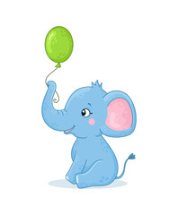 Baby elephant is sitting with a balloon. Cute animal on a white background. Vector illustration in a cartoon style.