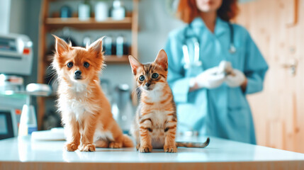 Various pets, a kitten and a puppy on the table in the veterinarian's office, against the background of a blurred silhouette of doctor. The concept of animal health, protection and care for them