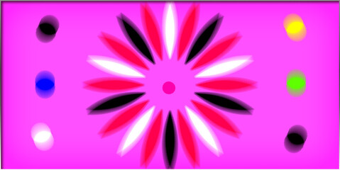 Abstract, vibrant starburst pattern, with alternating black, white, and shades of pink, within a border