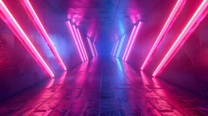 Abstract neon light arrows background. Geometric figure in neon lighting against a dark tunnel....