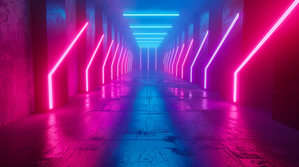 Abstract neon light arrows background. Geometric figure in neon lighting against a dark tunnel....