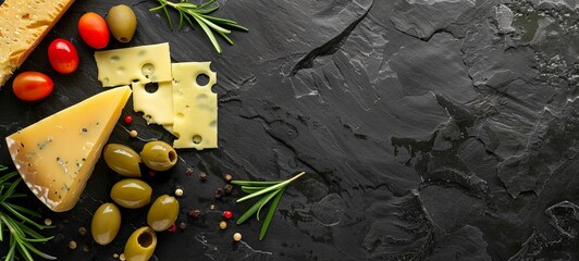 Hard cheese with olives on a background of black stone. View from above. place for text, generative ai - obrazy, fototapety, plakaty