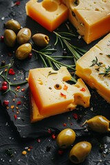 Hard cheese with olives on a background of black stone. View from above. place for text, generative ai