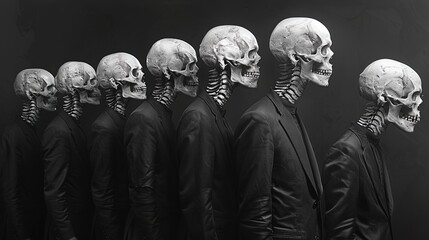 Surreal juxtaposition of skeletal figures adorned in sleek suits, offering a unique and memor