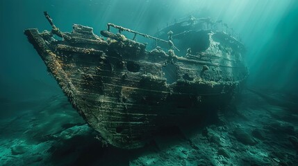 Sunken beneath the waves, the eerie remains of a medieval shipwreck lay silent, a haunting glimp - obrazy, fototapety, plakaty