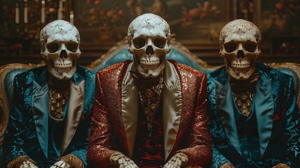 Spooky yet dapper ensemble as skeletons sport stylish suits, combining the macabre with high fas - obrazy, fototapety, plakaty