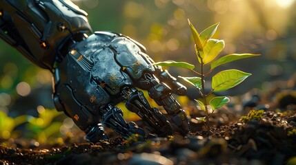 Metallic mechanical hands, polished to a shine, tenderly grasp soil and young, verdant seedling