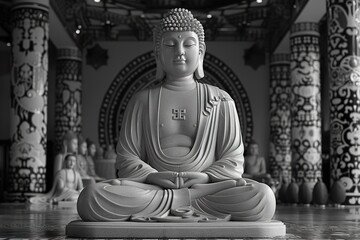 Meditating Buddha with tantric designs - obrazy, fototapety, plakaty