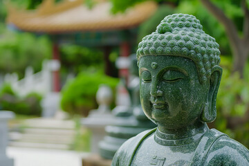 jade statue of buddha in an asian zen garden, meditation ind spirituality