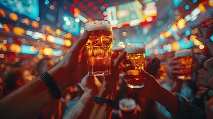 Fans raise their beer glasses high, toasting to the sports team's victory with a shared sense o - obrazy, fototapety, plakaty