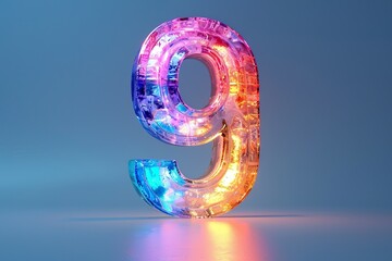 Number 9 - colorful glowing outline alphabet symbol on blue lens isolated white background