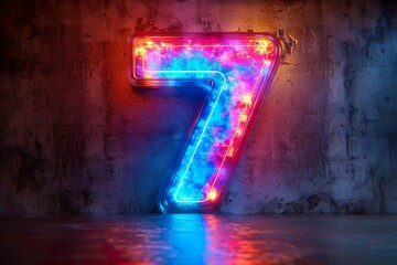 Number 7 - colorful glowing outline alphabet symbol on blue lens isolated white background