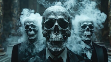 An atmospheric depiction of skeletal figures clothed in formal attire, their ghostly presence a - obrazy, fototapety, plakaty