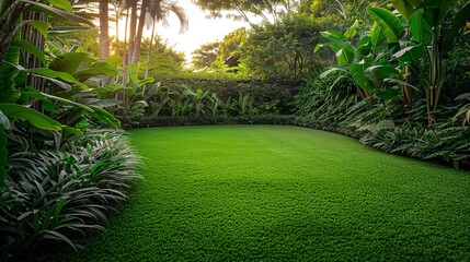 A backyard at sunrise with a lively artificial lawn and dense foliage, fostering a calm ambiance.