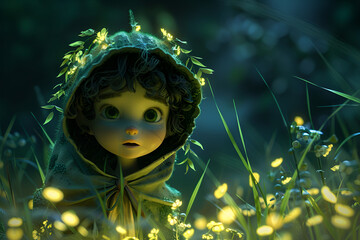 A girl with a blue hat and green eyes is standing in a field of yellow flowers. The image has a whimsical and playful mood, as the girl appears to be looking up at something in the sky. Generative AI