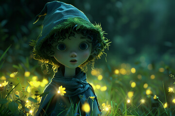 A girl with a blue hat and green eyes is standing in a field of yellow flowers. The image has a whimsical and playful mood, as the girl appears to be looking up at something in the sky. Generative AI
