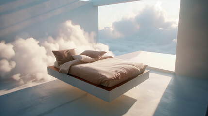 Serene bedroom floating among clouds at sunrise.