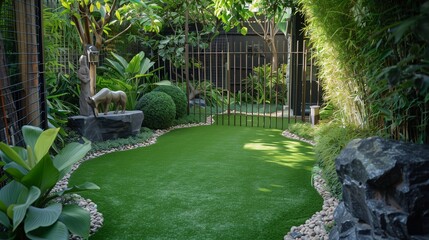 Small backyard with artificial turf, natural stones, and a rod gate creating a lush haven.