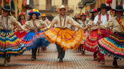a vibrant street carnival scene with dancers from different cultures adorned in their traditional...