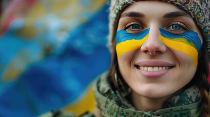 Portrait of beautiful girl with yellow and blue Ukrainian flag on her cheek wearing military uniform. - obrazy, fototapety, plakaty
