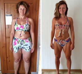 The woman demonstrates how she lost weight. Two examples before and after losing weight. Demonstration of the result after applying a diet and fitness. The woman shows how she got rid of excess weight