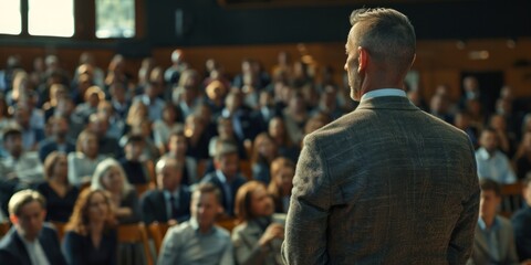 A business leader in an elegant suit stands at the front of a large audience, facing away from us and speaking confidently to his team members about self-development Generative AI - obrazy, fototapety, plakaty