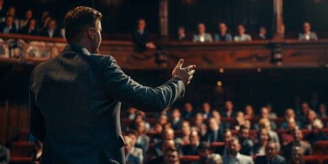 Fototapeta na wymiar A business professional in an elegant suit stands at the front of his audience, facing away from us as he gestures with one hand towards them while making an epic speech Generative AI