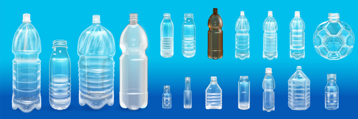 Empty plastic bottles. Realistic transparent container for water or liquids, isolated 3D mockups for advertising. - 785607915