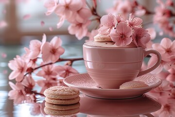A pink cup of coffee, a few cookies, sakura on the table, close up, Palace of Versailles in Paris, grand sighs - obrazy, fototapety, plakaty