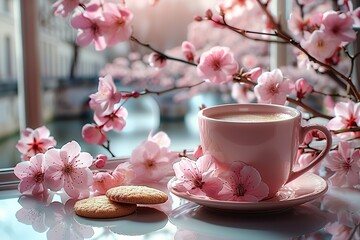 A pink cup of coffee, a few cookies, sakura on the table, close up, Palace of Versailles in Paris, grand sighs - obrazy, fototapety, plakaty