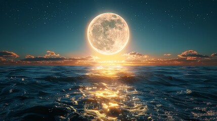 Full Moon Rising Over the Ocean at Night - obrazy, fototapety, plakaty