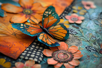 A butterfly is on top of a piece of fabric with flowers. The butterfly is orange and black. Generative AI