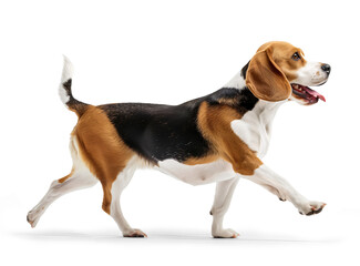 Cute happy beagle dog in walking pose, side profile view on isolated background