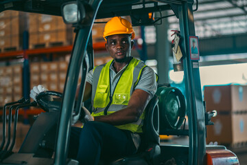 African American person working to shipping box package by order in logistic warehouse, black male...