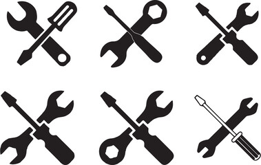Working tools icons in crossed shape and style. Tools silhouette for Repair and construction. Workshop equipment mechanical, technical and electrical.
