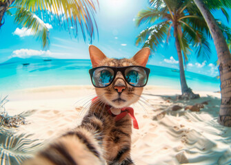 Gato con gafas de sol tomándose un selfie en una soleada playa tropical - obrazy, fototapety, plakaty