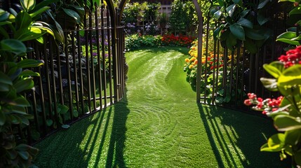 Decorative gate shadows dance on vibrant flowers and artificial grass in a city garden.