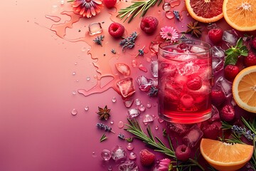 a macro photo of a colorful and artistic advertisement for a raspberry gin
