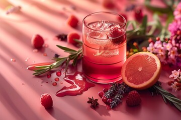 a macro photo of a colorful and artistic advertisement for a raspberry gin